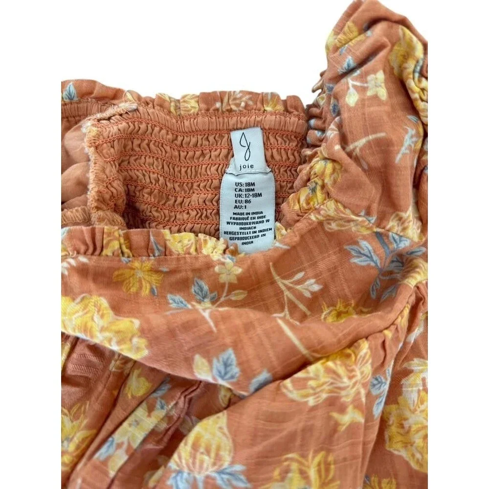 Joie Baby Girls Floral Dress 18M Orange Smocked Puff Sleeve Ruffle Boho
